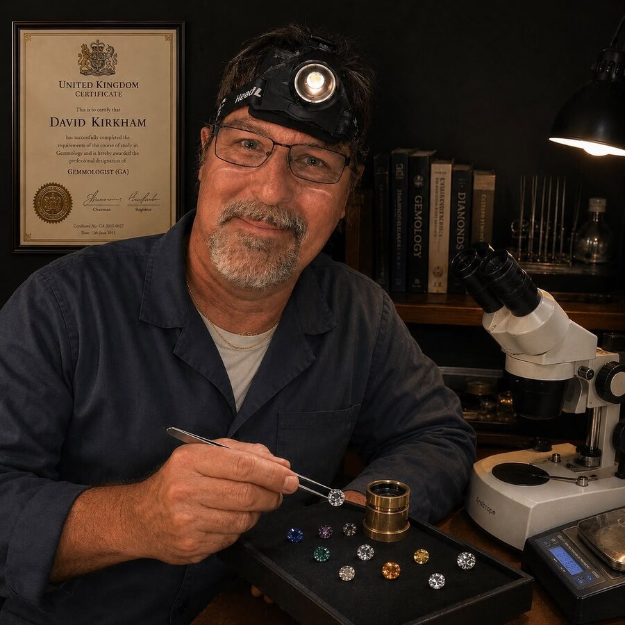 David Kirkham, Founder and CEO of Golden Vista, examining gemstones