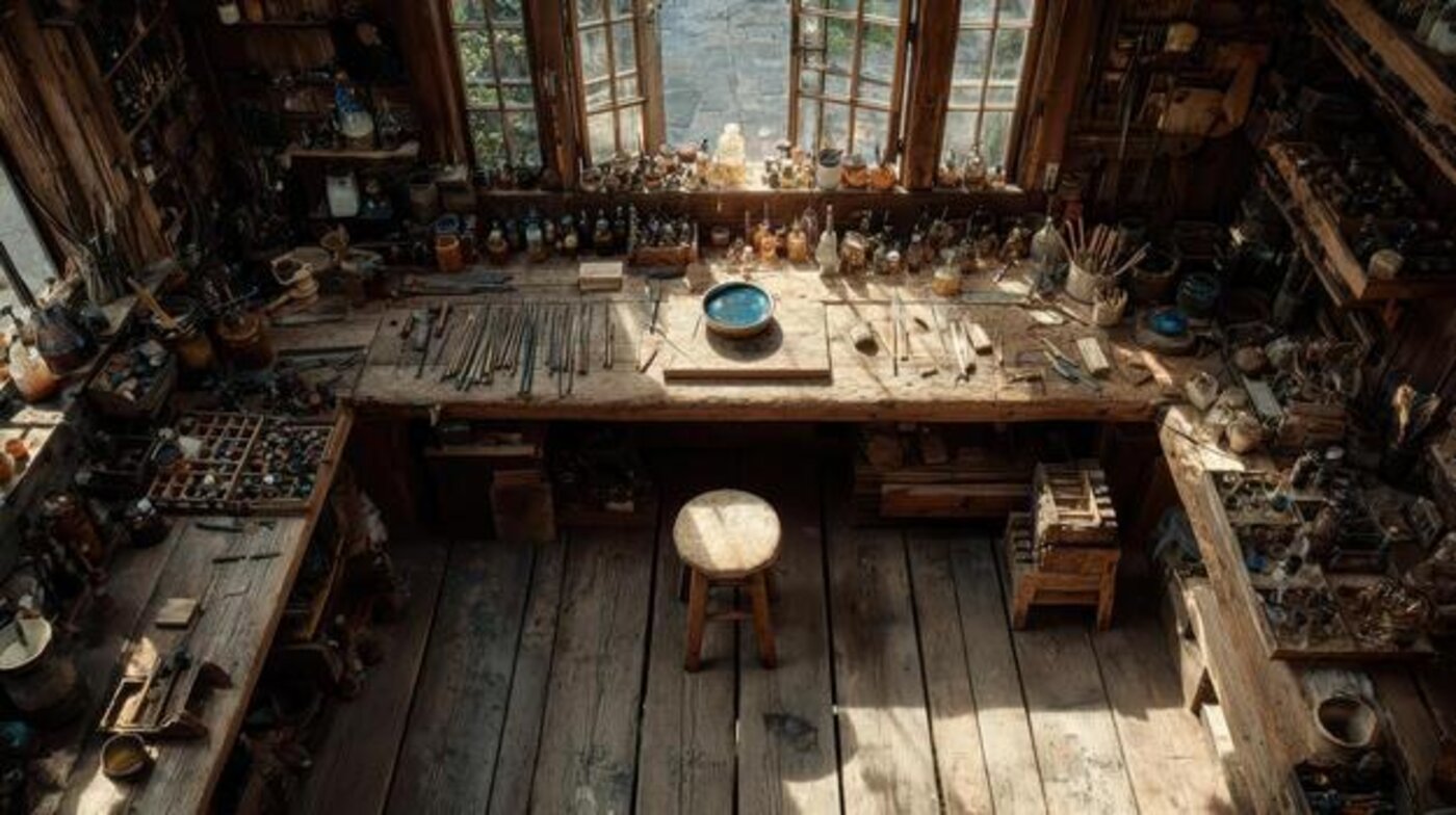 Golden Vista workshop bench, tools laid out